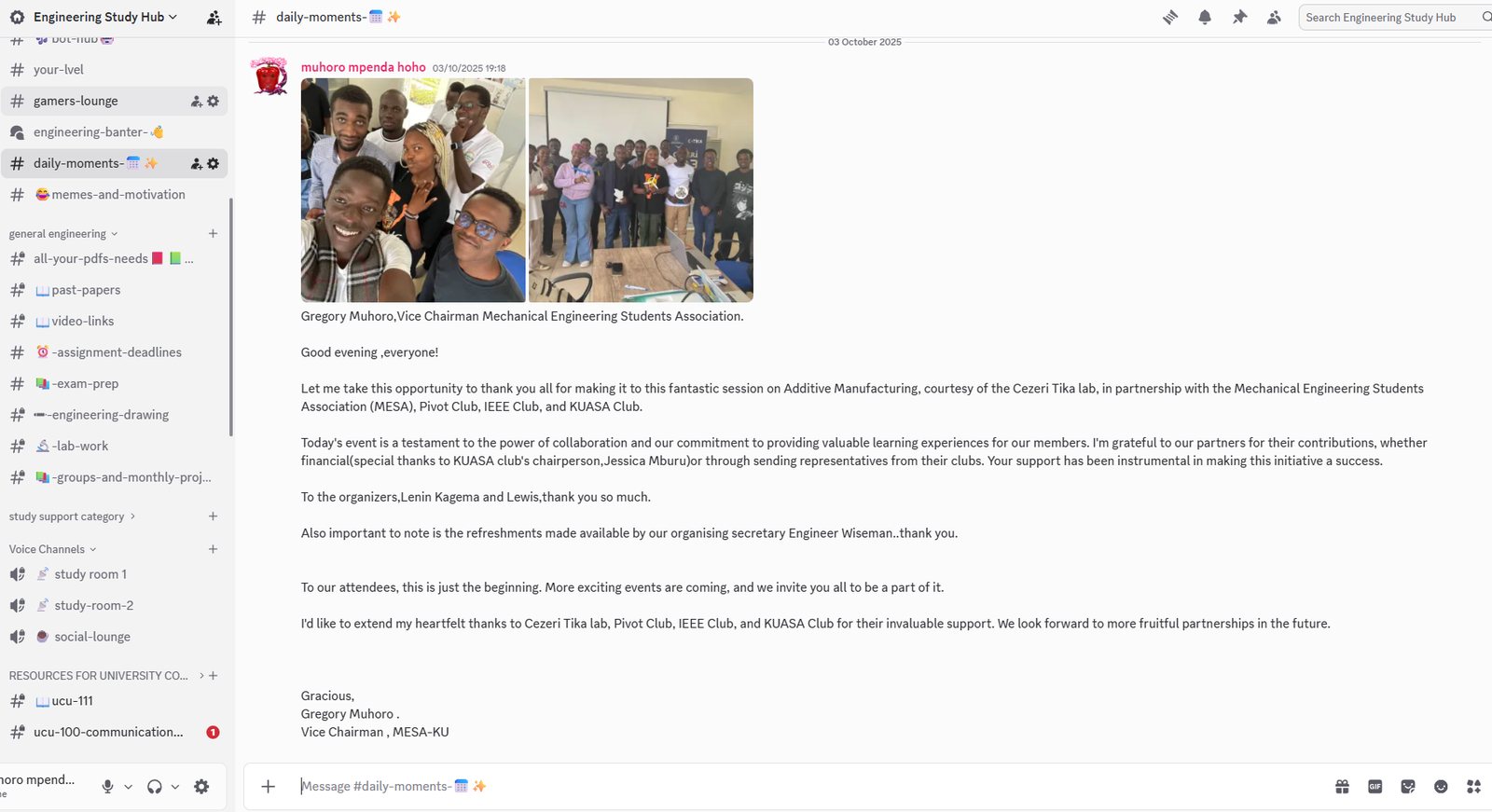 The Engineering Study Hub Discord server, showing the channel list and an active announcement